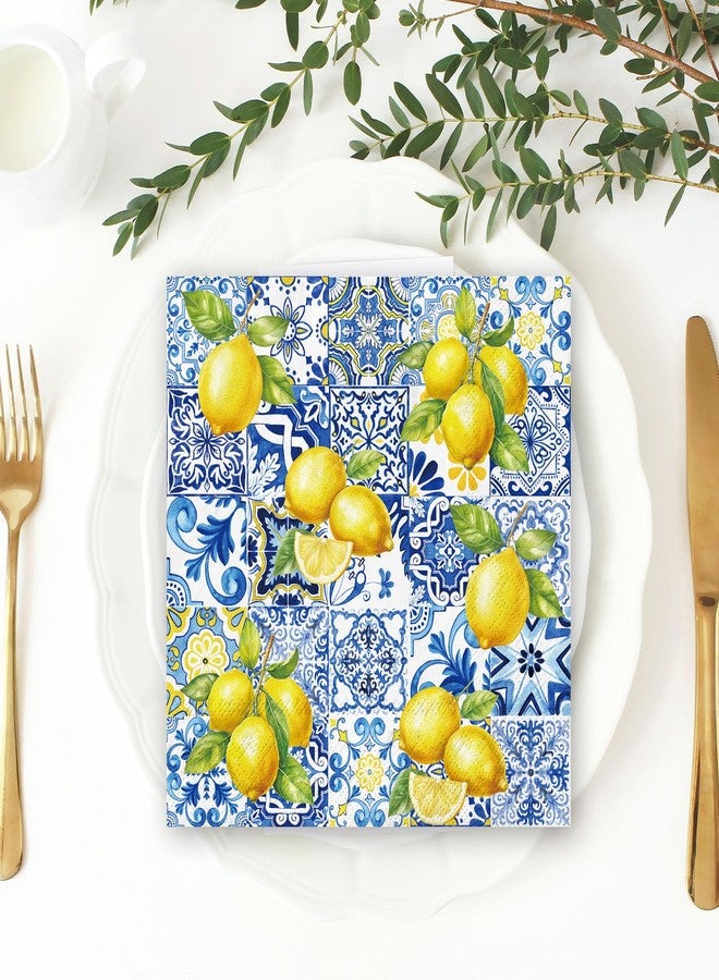 JarThenaAMCS 50Pcs Tile Lemon Paper Napkin Blue Yellow Disposable Napkin Summer Dinner Napkin Luncheon Napkin for Party Supplies Table Decor - Image 5